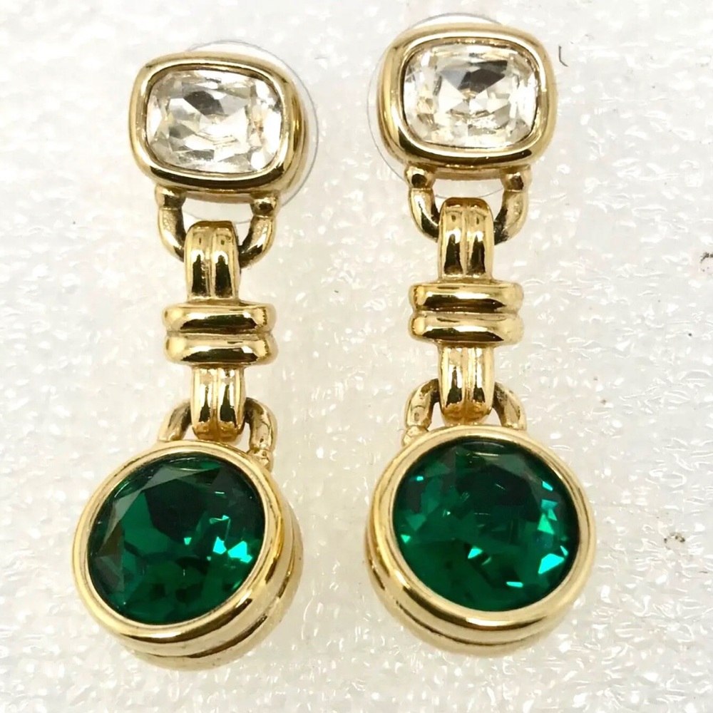 Swarovski Crystal Dangle Earrings Green & Clear Crystals